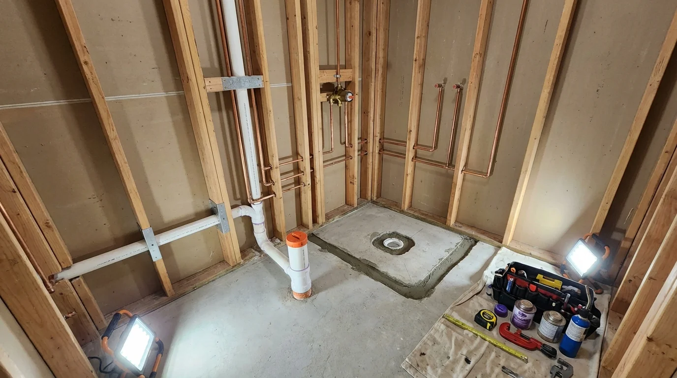 Bathroom rough-in plumbing during remodel by Johns Plumbing LLC in Owego