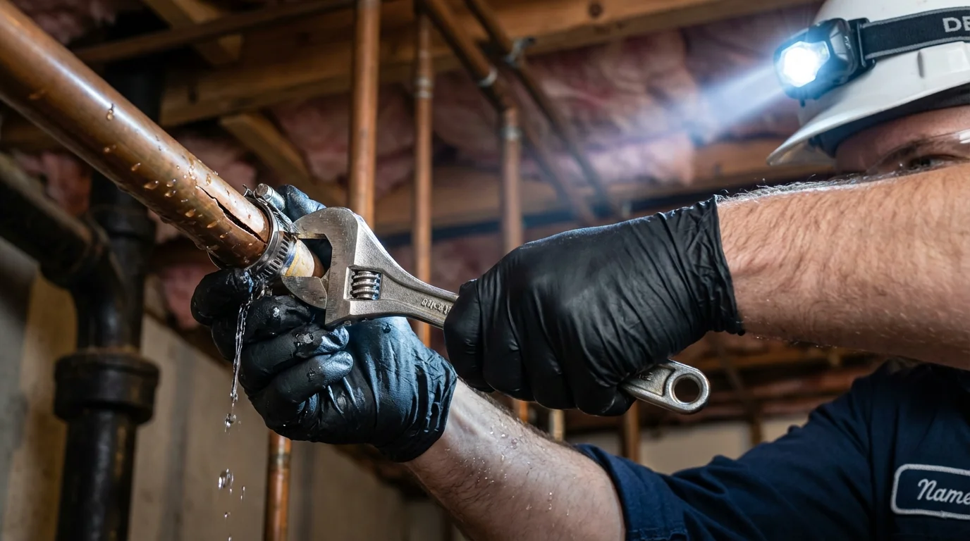 Emergency pipe clamp repair being performed by a Johns Plumbing LLC plumber in Owego