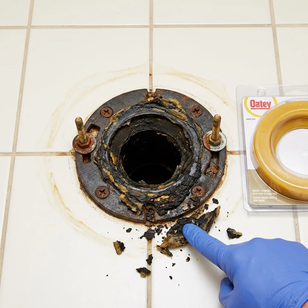 Failed wax ring showing water seepage at the base of a toilet in a Owego, NY home