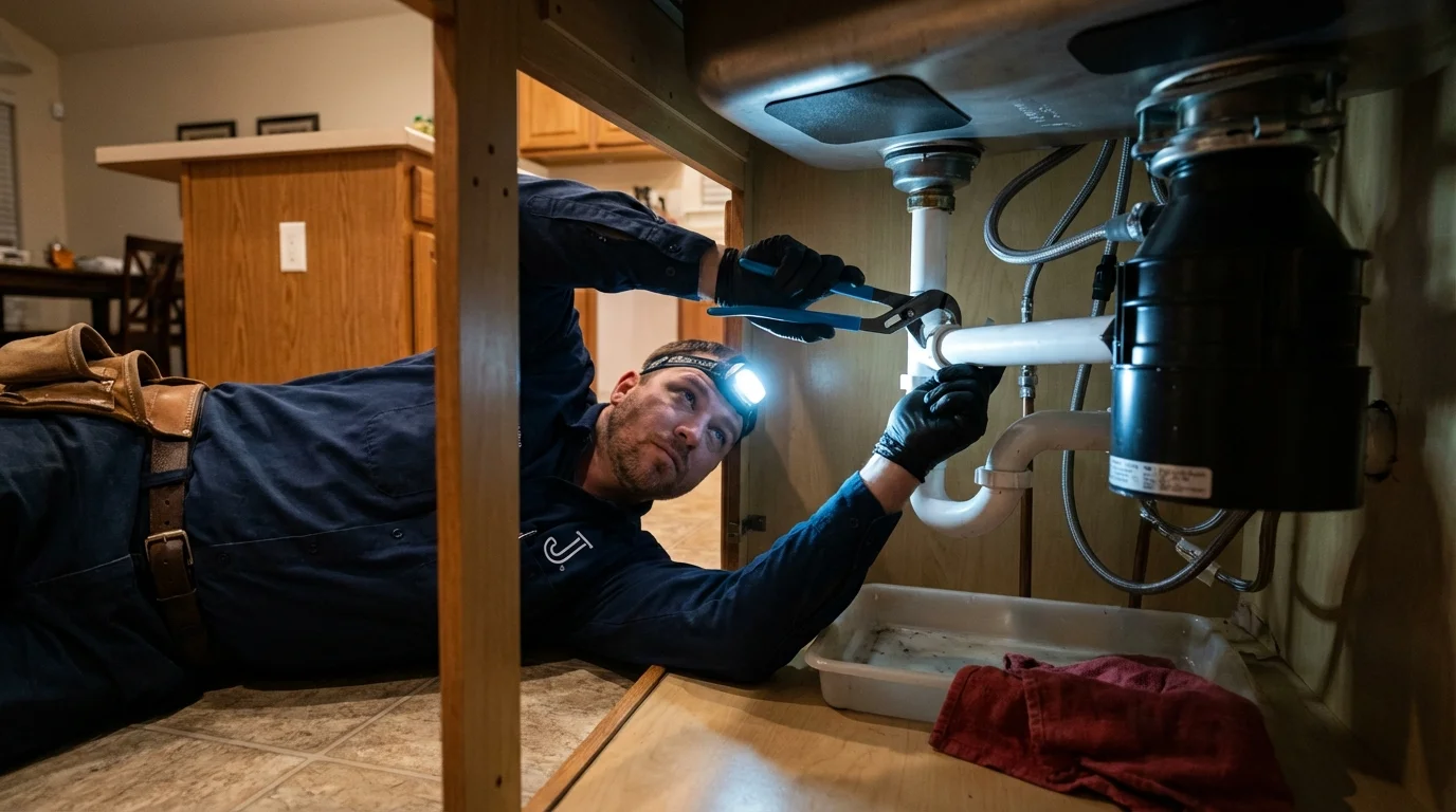 P-trap and supply line connections under a kitchen sink showing a common leak point in Owego, NY